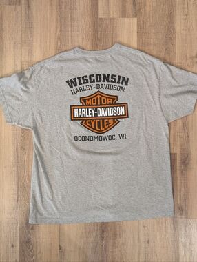 Harley-Davidson Gray Tee with Orange & Black Shield - Wisconsin Oconomowoc